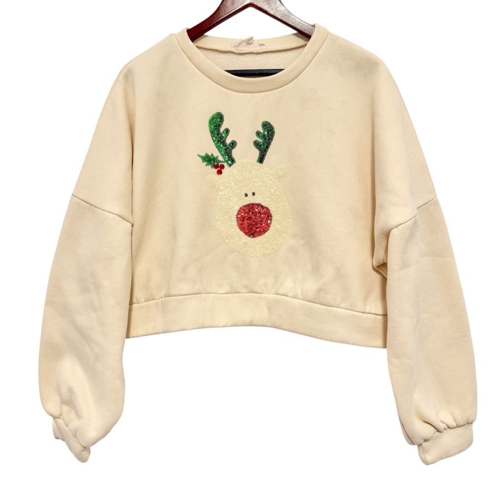 Peach Love Sequin Reindeer Boxy Sweatshirt Sweater Size Large